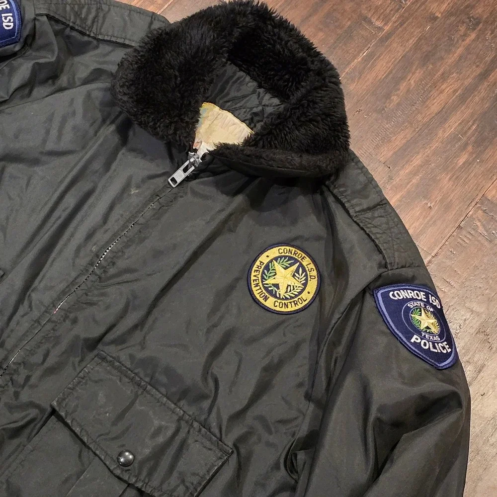 Vintage Conroe ISD Texas Police Bomber Jacket Sherpa Collar Mens L Made USA 80s‎